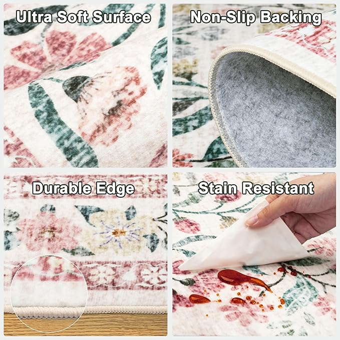 Runner Rug for Entryway: 2.6x14 Kitchen Rugs Non Slip Washable Ultra-Thin Soft Floral Carpet Indoor Floor Stain Resistant Carpets for Hallway Bedroom Kitchen Laundry Bathroom Dorm Pink/Green