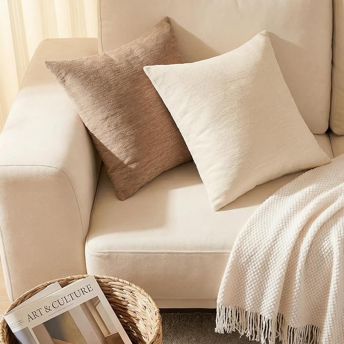 Set of 4 Neutral Throw Pillow Covers 22x22 Inch, Neutral Boho Farmhouse Aesthetic Decorative Pillow Cases for Couch, Sofa, Living Room & Bed, Soft Chenille Pillow Cases, Stylish Home Decor, 55x55 cm