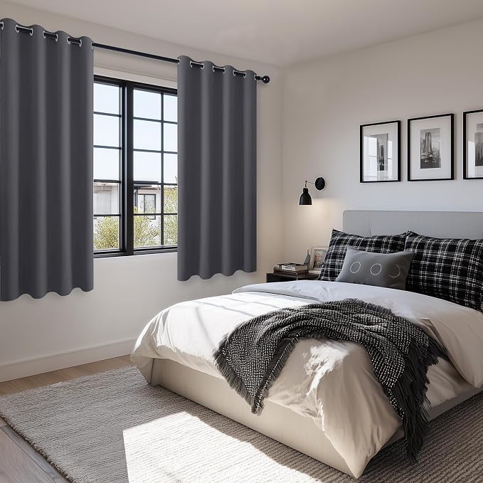 Hiasan Blackout Curtains for Bedroom, 52 x 63 Inches Length - Thermal Insulated & Light Blocking Window Curtains for Living Room, 2 Drape Panels Sewn with Tiebacks, Dark Grey