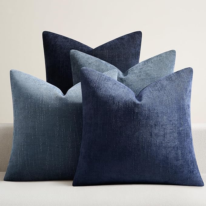 Pack of 4 Throw Pillow Covers 18x18 Inch Chenille Textured Neutral Blue Soft Pillow Covers Solid Decorative Farmhouse Cushion Covers Home Boho Decor for Couch Sofa Bed Living Room