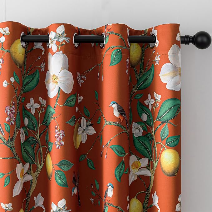 MYSKY HOME Floral Blackout Curtains Panels 95 inches Room Darkening Grommet Vintage Curtains & Drapes with Flower Lemon Hummingbird Patterned for Bedroom Nursery Kids Room, Pack-2, 52", Burnt Orange