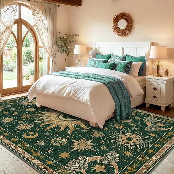 Vacuum-Friendly, 8x10 Washable Area Rug, Green Gold Yellow | Sun and Moon Boho Gothic Non-Slip Low Pile Living Roon Bedroom Dining Room Kitchen Entry Entryway Entrance Hallway Doormat