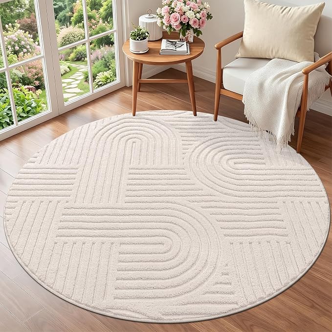 SHACOS Soft Cozy Fluffy Arch High Low Pile Round Rug 4ft Non Slip Washable Scandi Minimalist Circle Area Rug Modern Geometric Carpet for Living Room Bedroom Bathroom Kitchen, Beige