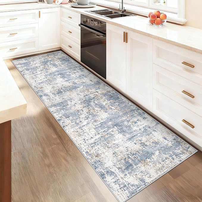 XLUEZ 2x8 Runner Rug for Hallway, Washable Modern Abstract Runner Rugs Neutral Soft Non Slip Kids Rug Stain Resistant Indoor Runners for Hallways Entryway Bedroom Kitchen Laundry Room(Blue, 2'x8')