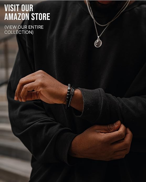 Forge & Foundry Men’s Matte Black Solid Onyx Beaded Bracelet | 10mm, 8mm, 6mm Bead Size Options | Signature Stainless Steel Engraved Bead | Andalus