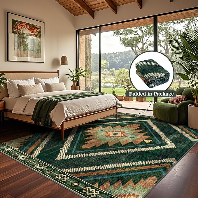 Boho Washable Area Rugs 6x9ft, Large Living Room Area Rug Non Slip, Green Moroccan Bedroom Carpets, Non Shedding Thin Soft Floor Carpet for Dining Room Nursery Home Office