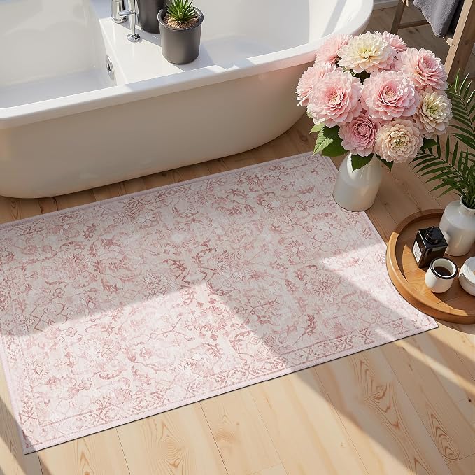 Pink 2x4 Runner Rug for Hallways Bed Side Kitchen, Boho Washable Distressed Low-Pile Floor Entryway Long Bathroom Mat, Non-Slip Laundry Room Washstand Front Carpet 24x48 Inch