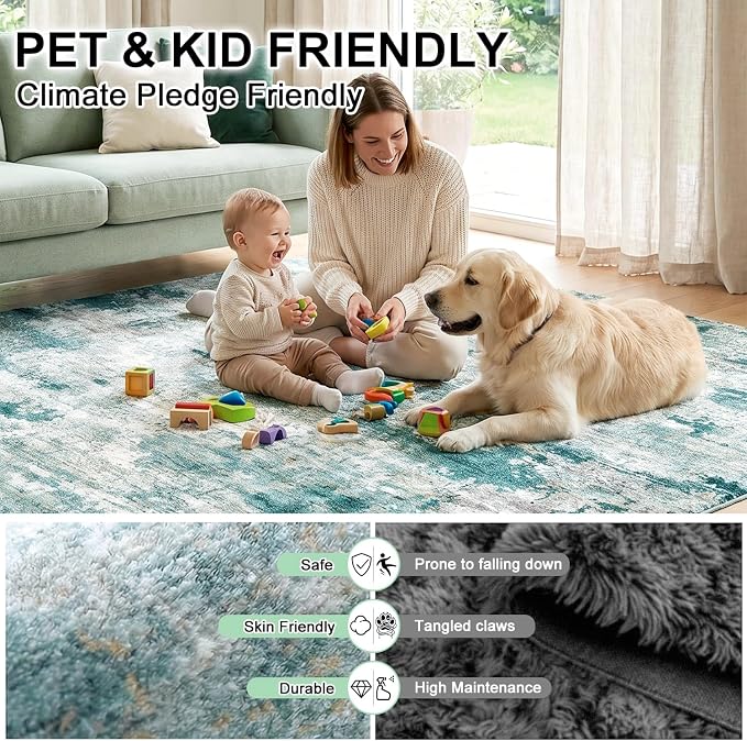 Washable Pet Friendly Area Rug, Water Resistant Abstract Carpet, 0.3" Low Pile, Foldable Non-Slip Silicone Backing, Living Room Nursery Bedroom, 5'x7', Sage Green