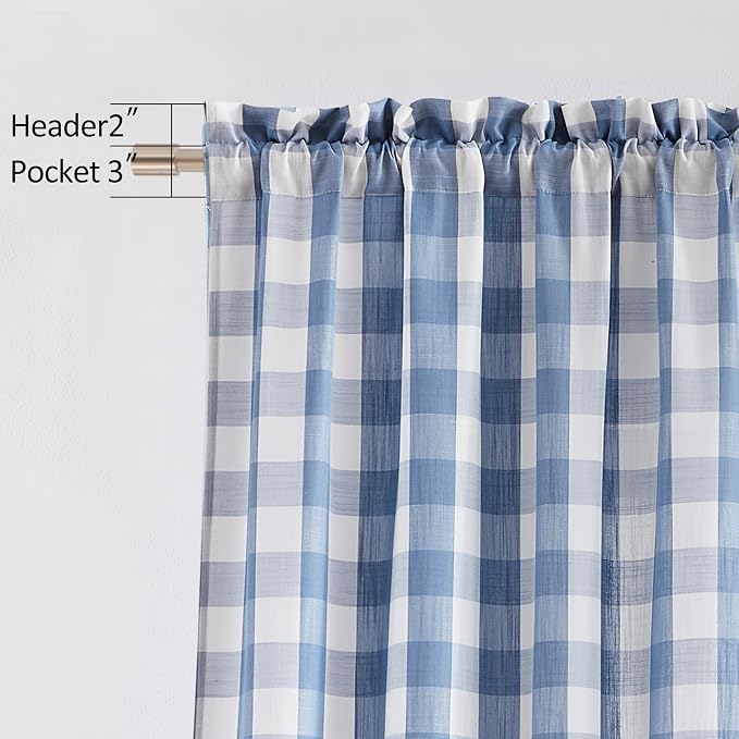 Dusty Blue White Buffalo Plaid Semi Sheer Curtain Panels 84 Inch | Farmhouse Buffalo Check Pattern Drapes,Rustic Window Treatment for Bedroom Living Room,Rod Pocket,52"Wx84"L,Pack of 2