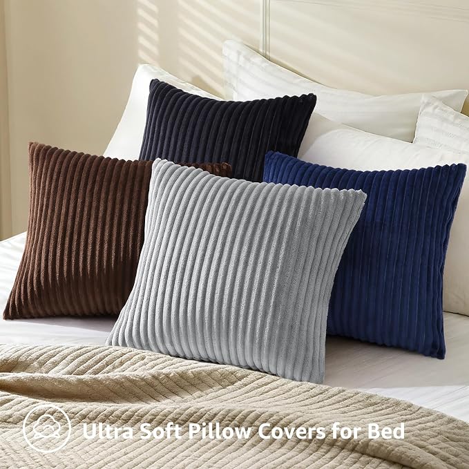 decorUhome Flannel Neutral Grey Throw Pillow Covers 16X16 Set of 4 | Decorative Fall Soft Fluffy Striped Double-Sided Couch Pillow Covers, Modern Farmhouse Pillow Cases for Sofa bed Home Decor