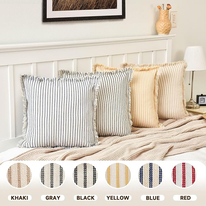 ZWJD Throw Pillow Covers 20x20 Set of 2 Striped Pillow Covers with Fringe Chic Cotton Decorative Pillows Square Cushion Covers for Sofa Couch Bed Living Room Farmhouse Decor, (Yellow)