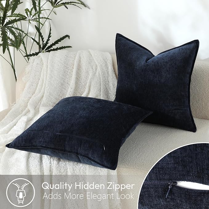 Stellhome Pack of 2 Soft Textured Throw Decorative Pillow Covers Square Accent Solid Chenille Cushion Cover Cozy Farmhouse Pillow Case for Couch Sofa Bedroom Living Room 24x24 Inch, Navy Blue