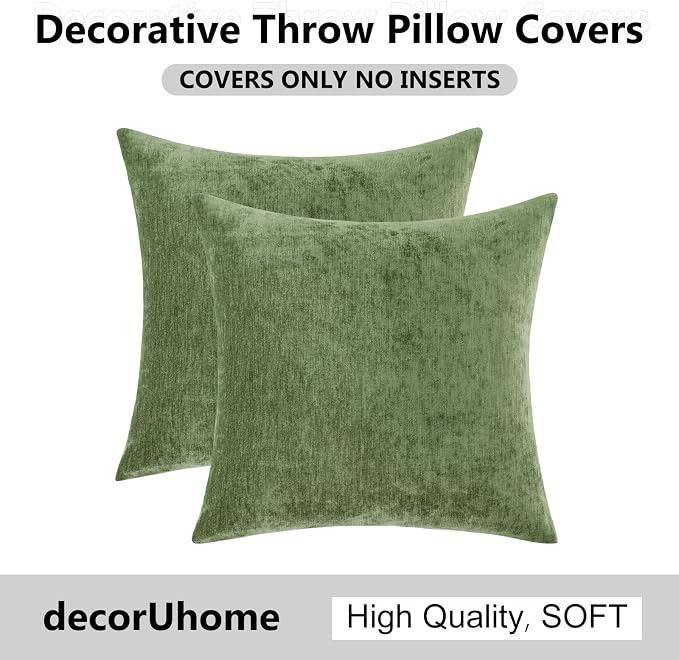 decorUhome Soft Chenille Olive Green Throw Pillow Covers 20X20 Set of 2 | Decorative Fall Couch Pillow Covers Solid Dyed Accent Modern Farmhouse Neutral Square Pillow Cases for Sofa