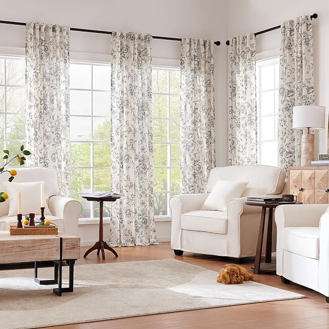 jinchan Black Floral Linen Curtains 72 Inch Farmhouse Back Tab 2 Panels | Light filtering drapes, semi sheer, farmhouse, cottagecore, rustic, living room, bedroom, rod pocket, window treatment