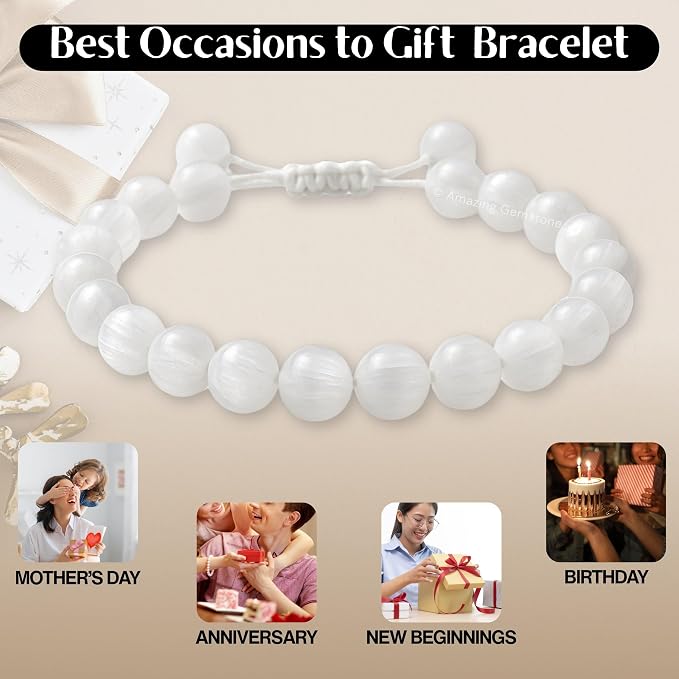 Amazing Gemstone Selenite Bracelet, Gifts for Men & Women - Protection Healing Crystal Bracelet - 8mm Gemstone Beaded Adjustable Bracelet, Pulseras para Hombres Mujer Stocking Stuffers