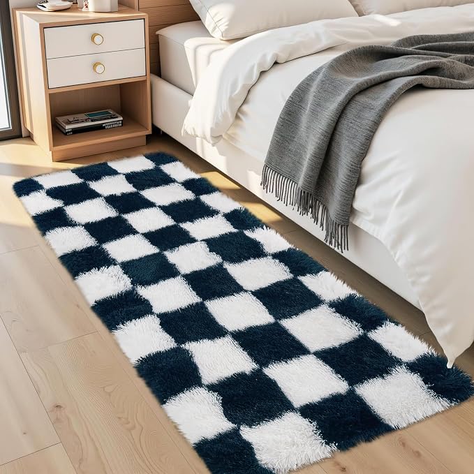 Garvee Checkered Fluffy Runner Rugs 2x6 Fluffy Fuzzy Shag 2x6 Runner Rug for Hallyway Non-Slip Ultra Soft Checkered Fluffy Rugs for Girls Kids Room Shag Plush Rug for Teen Room Decor Bedroom,Blue