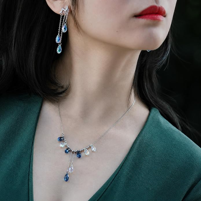 925 Sterling Silver Handmade Crystals Rain Drop Tassel layered Pendant Boho necklace statement Chandelier shape Lobster Clasp Length Choker 18"+2" Ideal Gift for Women Ladies Dress accessories.