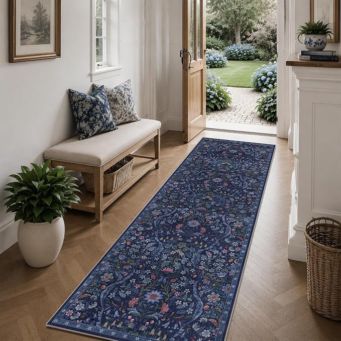 2x6 Washable Runner Rug,Blue Floral Long Rugs for Hallway, Soft Low-Pile Non-Slip Stain Resistant Carpet for Kitchen,Bedside,Laundry Room,Entryway