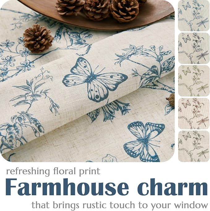 Lazzzy Charlotte Lined Linen Farmhouse Blue Floral Curtains 63 Inch Length Back Tab Drapes for Living Room Bedroom Light Filtering Country Vintage Rod Pocket, 2 Panels, Blue on Beige