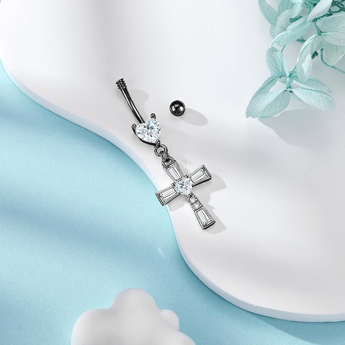 Belly Button Ring 925 Sterling Silver Bar Butterfly/Cross/Pregnancy Dangle Belly Button Piercing Body Navel Rings CZ Moonstone Jewelry Gift for Women