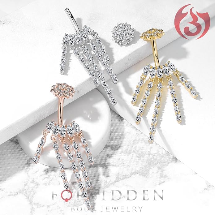 Forbidden Body Jewelry Surgical Steel Dangle Belly Button Ring with Drop CZ Chandelier & Internally Threaded CZ Flower Top