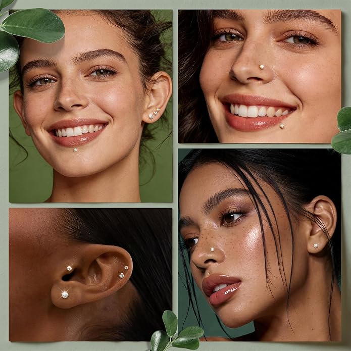 GEMQUEEN 4 Pairs 16G/18G/20G G23 Titanium Implant Grade Nose Studs Threadless Flat Back Earrings Hypoallergenic Flatback 5A CZ Cartilage Helix Tragus Conch Tiny Lip Piercing Jewelry for Women Men