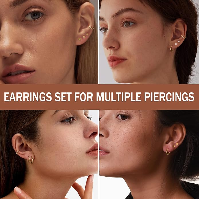LOLIAS Small Hypoallergenic Flat Back Stud Earrings for Women Men 14K Gold Plated Surgical Stainless Steel Earring Sets Tiny Screw Back Cartilage Earrings for Sensitive Ears