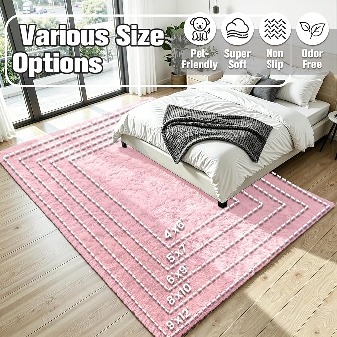 6x9 Area Rug for Living Room, Ultra Soft Fluffy Pink Rugs for Bedroom, Non Slip Large Shag Carpet, Fuzzy Plush Nursery Rug, Thick Washable Indoor Floor Carpets for Kids Office Dorm Home Decor