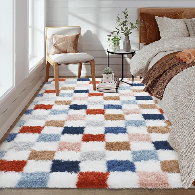 Garvee Plush Fuzzy 9x12 Area Rugs for Living Room, Washable Plush Checkered Rug for Bedroom, Modern Shag Rainbow Rugs Non Slip Soft Furry Large Carpet for Kids Room Nursery Home Decor