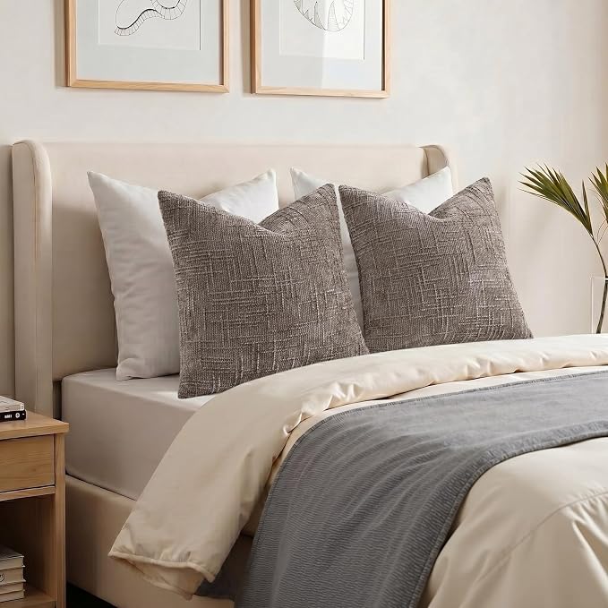 decorUhome Textured Chenille Throw Pillow Covers 18x18 Set of 2 Taupe | Fall Modern Farmhouse Soft Cozy Slubby Couch Pillow Cases Boho Decorative Pillow Cases for Bed Sofa Living Room Home Decor