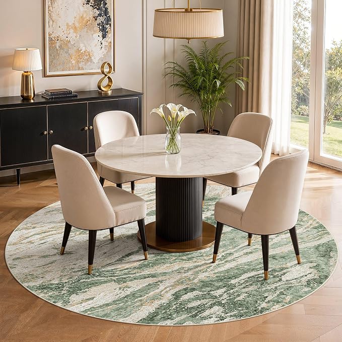 Area Rugs for Living Room: 5ft Round Abstract Washable Rug Modern Neutral Large Soft Stain Resistant Non-Slip for Bedroom Dining Room Indoor Home Office Carpet - Green Brown