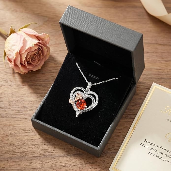 Birthstone Heart Necklaces for Women 925 Sterling Silver Fine Jewelry Rose Pendant Necklace Anniversary Birthday Mothers Day Gifts Her Wife Women Mom Daughter