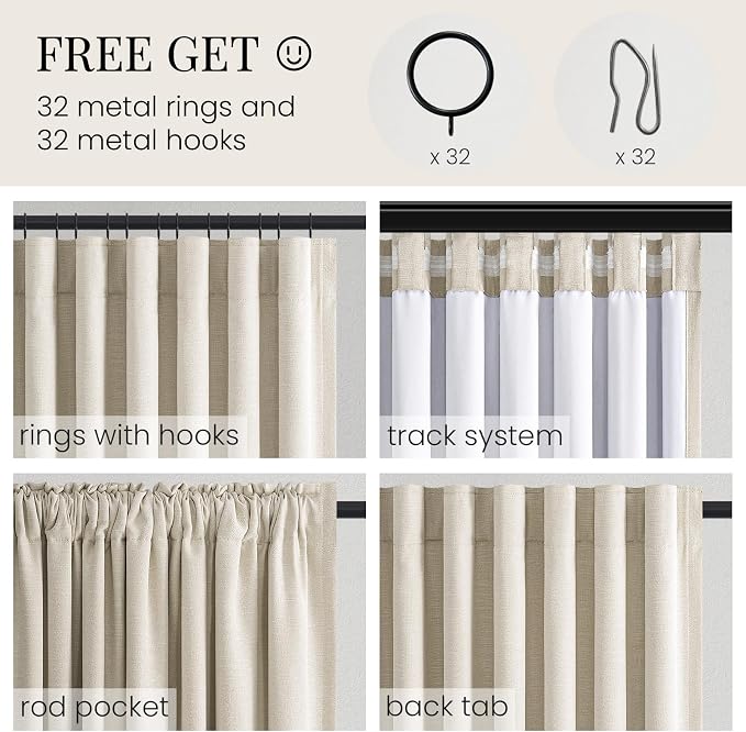 Topfinel Full Blackout Natural Linen Curtains for Bedroom 90 Inch Long 2 Panel Set, Cream Beige Thermal Drapes with Back Tab for Track System Ensuring Peaceful Sleep and Privacy, Cream beige 52"W*90"L