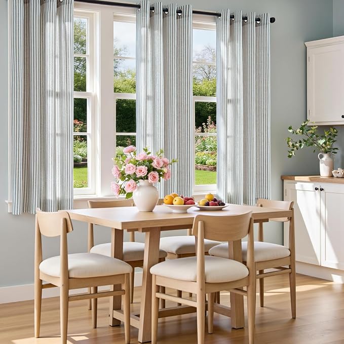 Vangao Linen Striped Curtains for Living Room Bedroom Farmhouse Tickingstripe Light Filtering Window Curtains Printed Drapes Grommet Top 2 Panels Blue W50 x L63 Inch