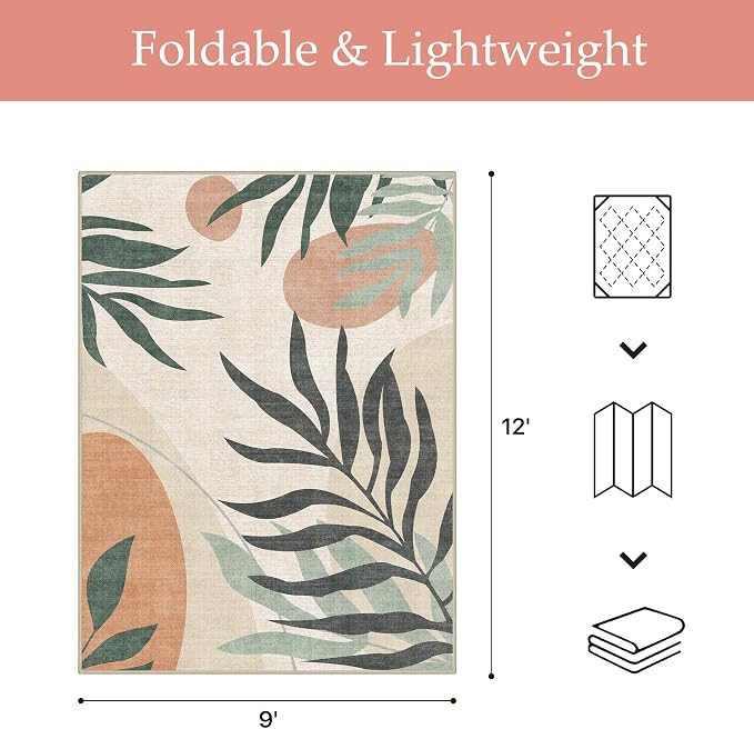 GENIMO 9x12 Outdoor Rug, Washable Quick Dry for Patio, Beige Olive | Botanical leaf design for gazebo; lightweight chenille with quick-dry non-slip backing for indoor dining area.