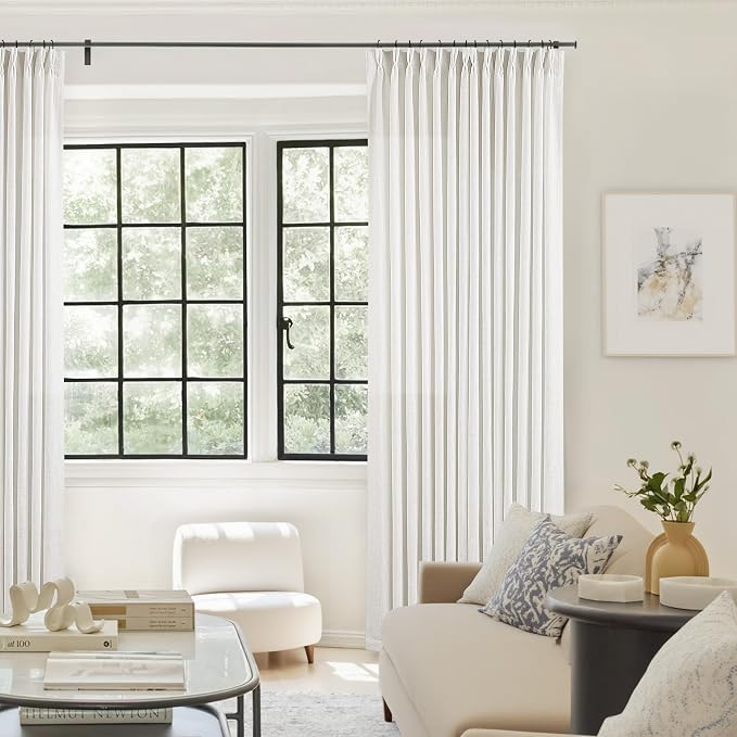 Pinch Pleated Linen Curtains 126 Inches Long for Living Room Bedroom Light Filtering Modern Neutral Window Drape 126 Inch 2 Panels Set with Hooks Rings Extra Long Semi Sheer Curtain Beige White