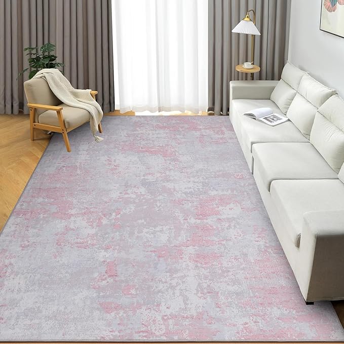 ROYHOME Modern Abstract Area Rug 5x7 Non Slip Non Shedding Rug Low Pile Stain Resistant for Bedroom Living Room,Grey Pink