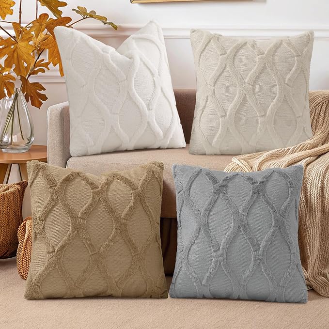 decorUhome Set of 4 Faux Fur Throw Pillow Covers 16x16(Cream/Khaki) | Neutral Decorative Soft Plush Couch Pillow Covers, Farmhouse Pillow Cases for Living Room Bed Sofa