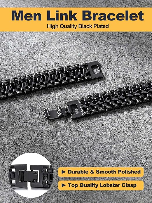 U7 Link Bracelets for Men, Cuban Link/Rope/Watch Band Solid Bracelet, Silver Black Gold Color Wrist Bracelet 3/6/9/12/15mm Width, 6.5/7.5/8.3 Inch Length, Hand Chain Jewelry for Mens Women