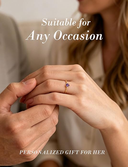 WFYOU Gold Heart Birthstone Rings for Women 14K Gold Plated Non Tarnish Stackable Pinky Cubic Zirconia Rings Emerald Dainty Gemstone Thumb Ring Band Cute Jewelry Birthday Gift Size 5-10