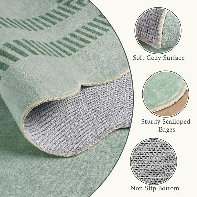 Scalloped Rug 5x7, Green Rugs for Living Room Ultra-Thin, Washable Area Rug Soft Rugs Non-Slip Throw Carpet for Bedroom ‎Dining Room Playroom