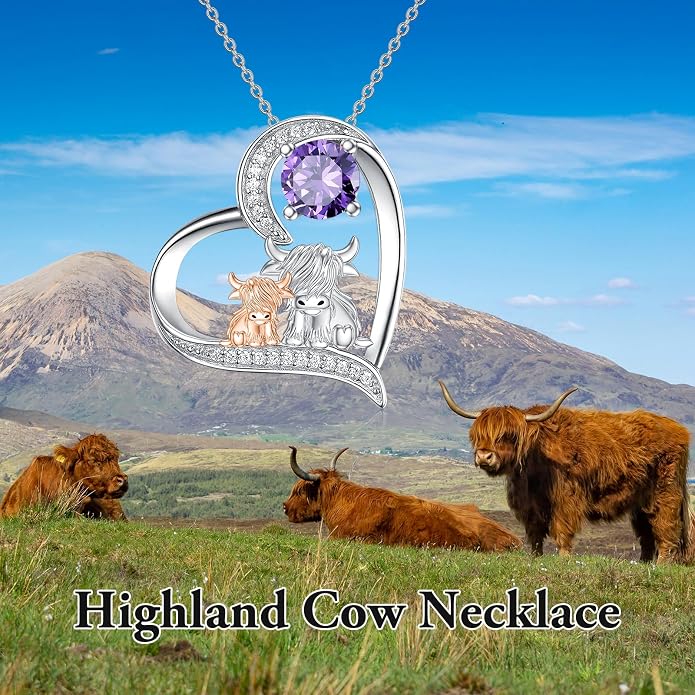 Highland Cow Gifts for Women 925 Sterling Silver Highland Cow Birthstone Necklace Fluffy Cow Jewelry Gifts Birthday Christmas