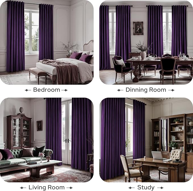 HOMEIDEAS 100% Blackout Purple Velvet Curtains, Thermal Noise Reduction Soft Luxury Vintage Christmas Velvet Curtains for Bedroom Decor, Living Room, Home, 52 X 108 Inch, 2 Panels