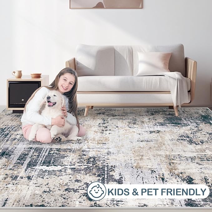 Area Rugs 6x9 Living Room: Washable Rug Modern Abstract Large Rugs Soft Non Slip Neutral Rug Stain Resistant Indoor Carpet for Bedroom Kitchen Dining Room Nursery Home Office Rugs(Black Brown,6'x9')