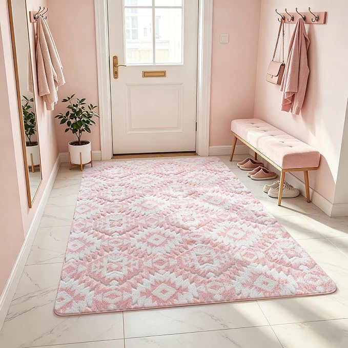 Macgace Soft Area Rug for Girls Bedroom, 3x5 Pink and White Shag Rugs | Washable Non-Slip Backing Medium Pile Modren Geometric Fuzzy Carpet for Kids Room, Classroom, Living Room, Dorm