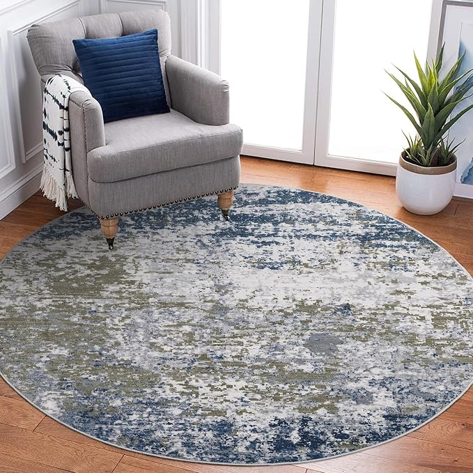 ROYHOME Modern Abstract 8x8 Round Area Rug Non Slip Non Shedding Rug Low Pile Stain Resistant for Bedroom Living Room Office Dining Room,Navy