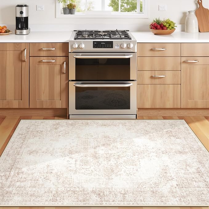 Area Rug 3x5 Vintage Rug: Washable Indoor Medallion Rug Low Pile Distressed Floor Carpet Retro Accent Doormat for Bedroom Bathroom Hallway Kitchen Home Office(Retro Beige, 3'x5')