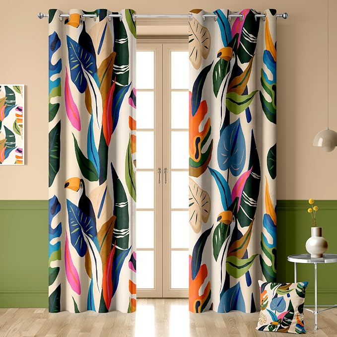 Colorful Tropical Abstract Blackout Window Curtains, Boho Floral Plant Jungle Palm Leaf Toucan Birds Art Decor for Bedroom, Living Room, Art Gallery Grommet Window Drapes 2 Panel Set, 52"x84"