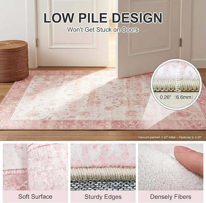9'x12' Extra Large Vintage Rug, Washable Area Carpet for Home Office Farmhouse, 0.26" Low Pile Water Resistant Faux Wool Rug - Non-Slip Silicone Backing for Hardwood, Pink & White