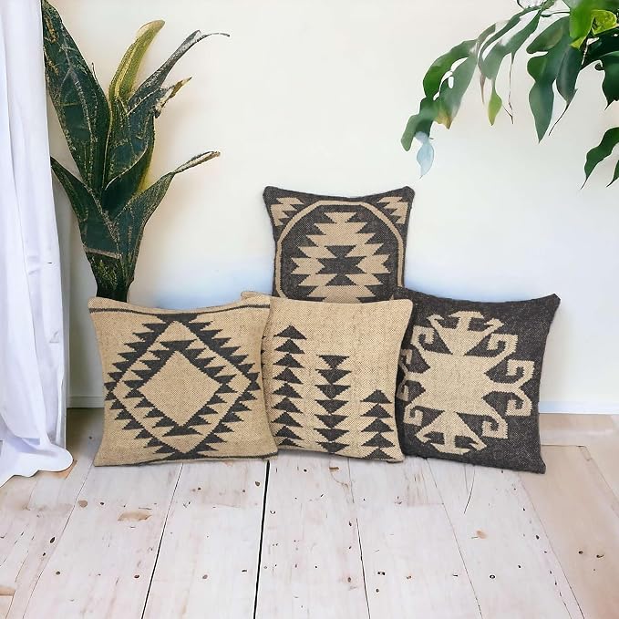 Set of 4 Geometric Wool Jute Square Throw Pillow Covers -Decorative 18 x 18 Inches Multicolour Cushion Covers Perfect for Sofa/Couch/Bed/Home/Outdoor/Car (Multicolour - 10)